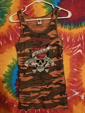 Hot in Hollywood Orange and Brown Camo Tank Top with Skull Heart Graphic